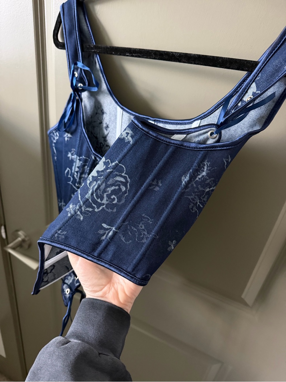 Handmade Navy Blue Corset Top, Renaissance Overbust, Front Lace Bustier - Picture 8 of 16